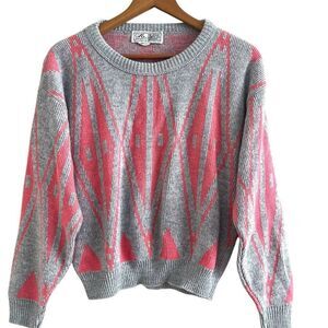 Vintage 80s GAS Great American Sweater Co Pullover S Gray Pink Grandpa Grunge